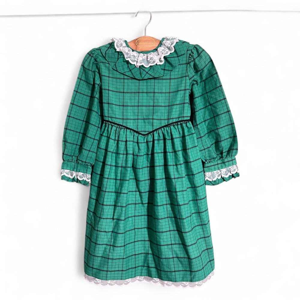 VTG 1980’s Little Girls Dress Size 5 Green Tie Back Lace Collar Holiday Plaid